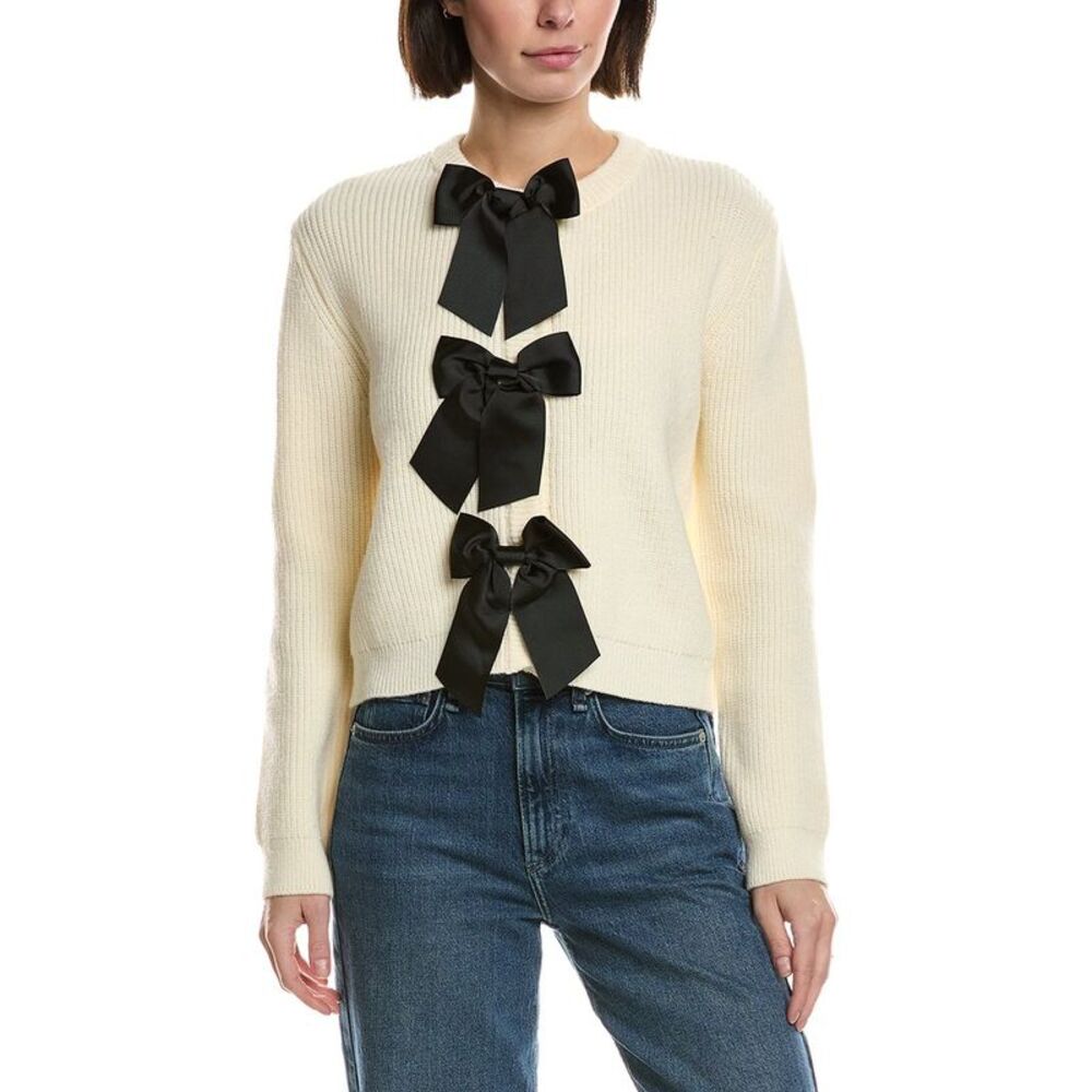 Avantlook Womens Grosgrain Bow Cardigan, Beige
